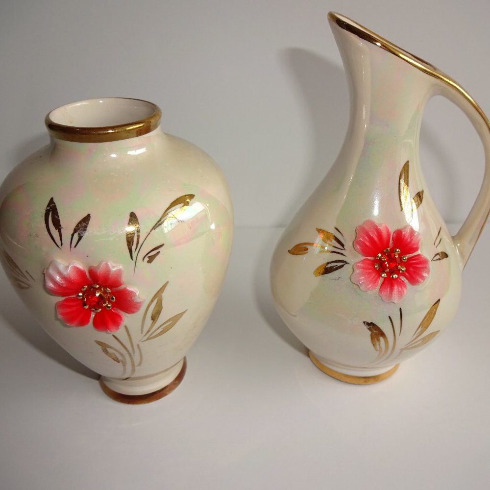 Vintage Lusterware Vase & Pitcher Handgemalt